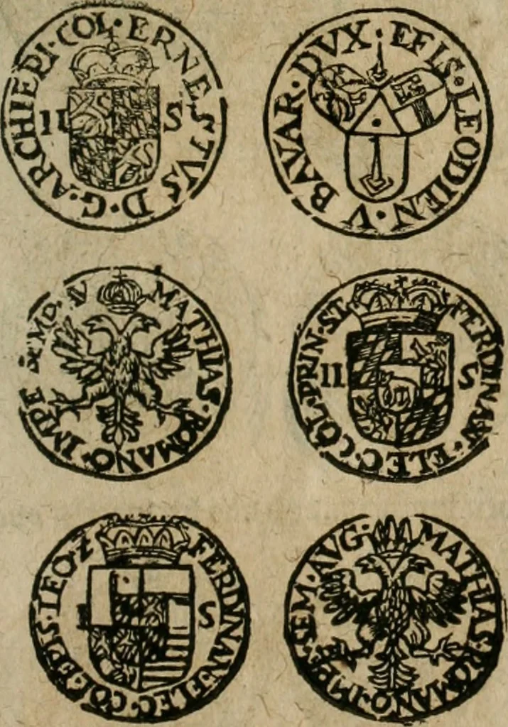 An illustration from Ordonnancie ende instructie naer de welcke voort-aen hen moeten reguleren die ghesworen wisselaers ofte collecteurs vande goude ende silvere penningen, wesende verboden, gheschroyt, te licht oft te seer versleten, ende oversulex verclaert ende ghehouden voor billoen, daer toe geoommitteert om de selve te leveren inde munten van Sijne Majesteyt, ende al daer bekeert te worden in penninghen van hunnen slaghe, 1633, leaf 264