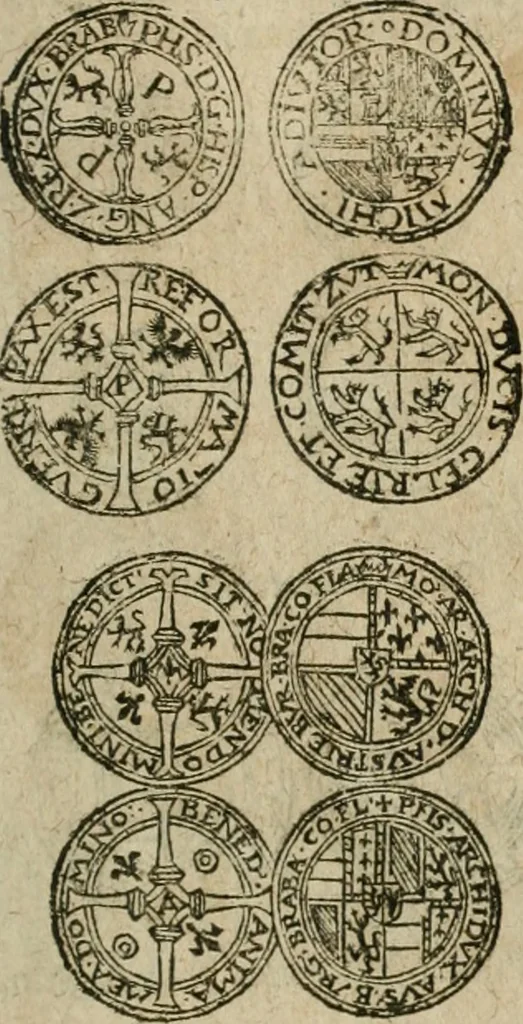 An illustration from Ordonnancie ende instructie naer de welcke voort-aen hen moeten reguleren die ghesworen wisselaers ofte collecteurs vande goude ende silvere penningen, wesende verboden, gheschroyt, te licht oft te seer versleten, ende oversulex verclaert ende ghehouden voor billoen, daer toe geoommitteert om de selve te leveren inde munten van Sijne Majesteyt, ende al daer bekeert te worden in penninghen van hunnen slaghe, 1633, leaf 272