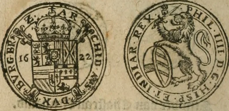 An illustration from Ordonnancie ende instructie naer de welcke voort-aen hen moeten reguleren die ghesworen wisselaers ofte collecteurs vande goude ende silvere penningen, wesende verboden, gheschroyt, te licht oft te seer versleten, ende oversulex verclaert ende ghehouden voor billoen, daer toe geoommitteert om de selve te leveren inde munten van Sijne Majesteyt, ende al daer bekeert te worden in penninghen van hunnen slaghe, 1633, leaf 277