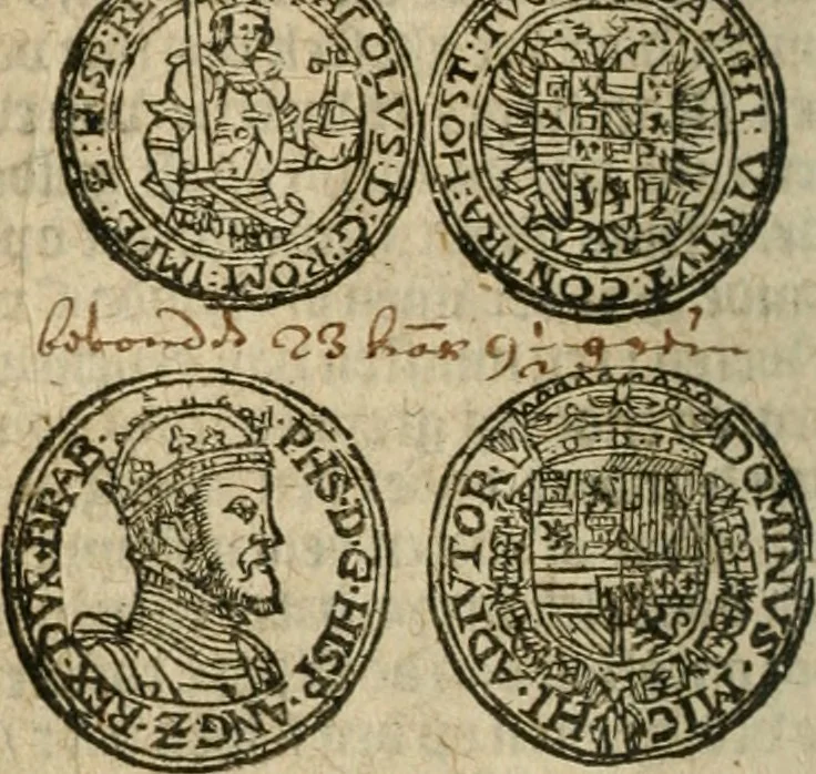 An illustration from Ordonnancie ende instructie naer de welcke voort-aen hen moeten reguleren die ghesworen wisselaers ofte collecteurs vande goude ende silvere penningen, wesende verboden, gheschroyt, te licht oft te seer versleten, ende oversulex verclaert ende ghehouden voor billoen, daer toe geoommitteert om de selve te leveren inde munten van Sijne Majesteyt, ende al daer bekeert te worden in penninghen van hunnen slaghe, 1633, leaf 41