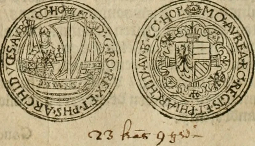 An illustration from Ordonnancie ende instructie naer de welcke voort-aen hen moeten reguleren die ghesworen wisselaers ofte collecteurs vande goude ende silvere penningen, wesende verboden, gheschroyt, te licht oft te seer versleten, ende oversulex verclaert ende ghehouden voor billoen, daer toe geoommitteert om de selve te leveren inde munten van Sijne Majesteyt, ende al daer bekeert te worden in penninghen van hunnen slaghe, 1633, leaf 41