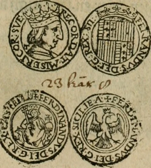 An illustration from Ordonnancie ende instructie naer de welcke voort-aen hen moeten reguleren die ghesworen wisselaers ofte collecteurs vande goude ende silvere penningen, wesende verboden, gheschroyt, te licht oft te seer versleten, ende oversulex verclaert ende ghehouden voor billoen, daer toe geoommitteert om de selve te leveren inde munten van Sijne Majesteyt, ende al daer bekeert te worden in penninghen van hunnen slaghe, 1633, leaf 50