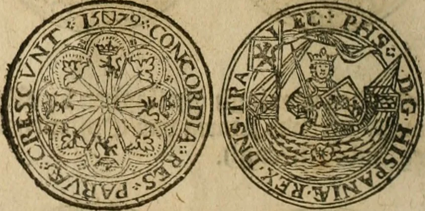An illustration from Ordonnancie ende instructie naer de welcke voort-aen hen moeten reguleren die ghesworen wisselaers ofte collecteurs vande goude ende silvere penningen, wesende verboden, gheschroyt, te licht oft te seer versleten, ende oversulex verclaert ende ghehouden voor billoen, daer toe geoommitteert om de selve te leveren inde munten van Sijne Majesteyt, ende al daer bekeert te worden in penninghen van hunnen slaghe, 1633, leaf 53