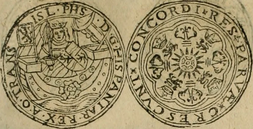 An illustration from Ordonnancie ende instructie naer de welcke voort-aen hen moeten reguleren die ghesworen wisselaers ofte collecteurs vande goude ende silvere penningen, wesende verboden, gheschroyt, te licht oft te seer versleten, ende oversulex verclaert ende ghehouden voor billoen, daer toe geoommitteert om de selve te leveren inde munten van Sijne Majesteyt, ende al daer bekeert te worden in penninghen van hunnen slaghe, 1633, leaf 54