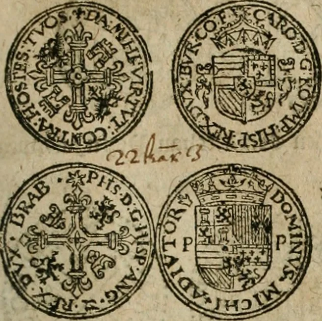 An illustration from Ordonnancie ende instructie naer de welcke voort-aen hen moeten reguleren die ghesworen wisselaers ofte collecteurs vande goude ende silvere penningen, wesende verboden, gheschroyt, te licht oft te seer versleten, ende oversulex verclaert ende ghehouden voor billoen, daer toe geoommitteert om de selve te leveren inde munten van Sijne Majesteyt, ende al daer bekeert te worden in penninghen van hunnen slaghe, 1633, leaf 84