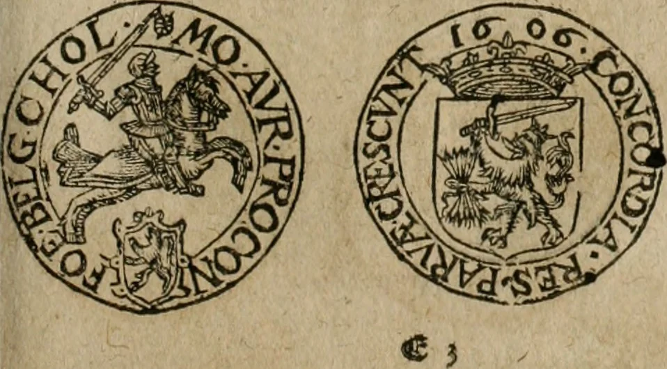An illustration from Ordonnancie ende instructie naer de welcke voort-aen hen moeten reguleren die ghesworen wisselaers ofte collecteurs vande goude ende silvere penningen, wesende verboden, gheschroyt, te licht oft te seer versleten, ende oversulex verclaert ende ghehouden voor billoen, daer toe geoommitteert om de selve te leveren inde munten van Sijne Majesteyt, ende al daer bekeert te worden in penninghen van hunnen slaghe, 1633, leaf 88