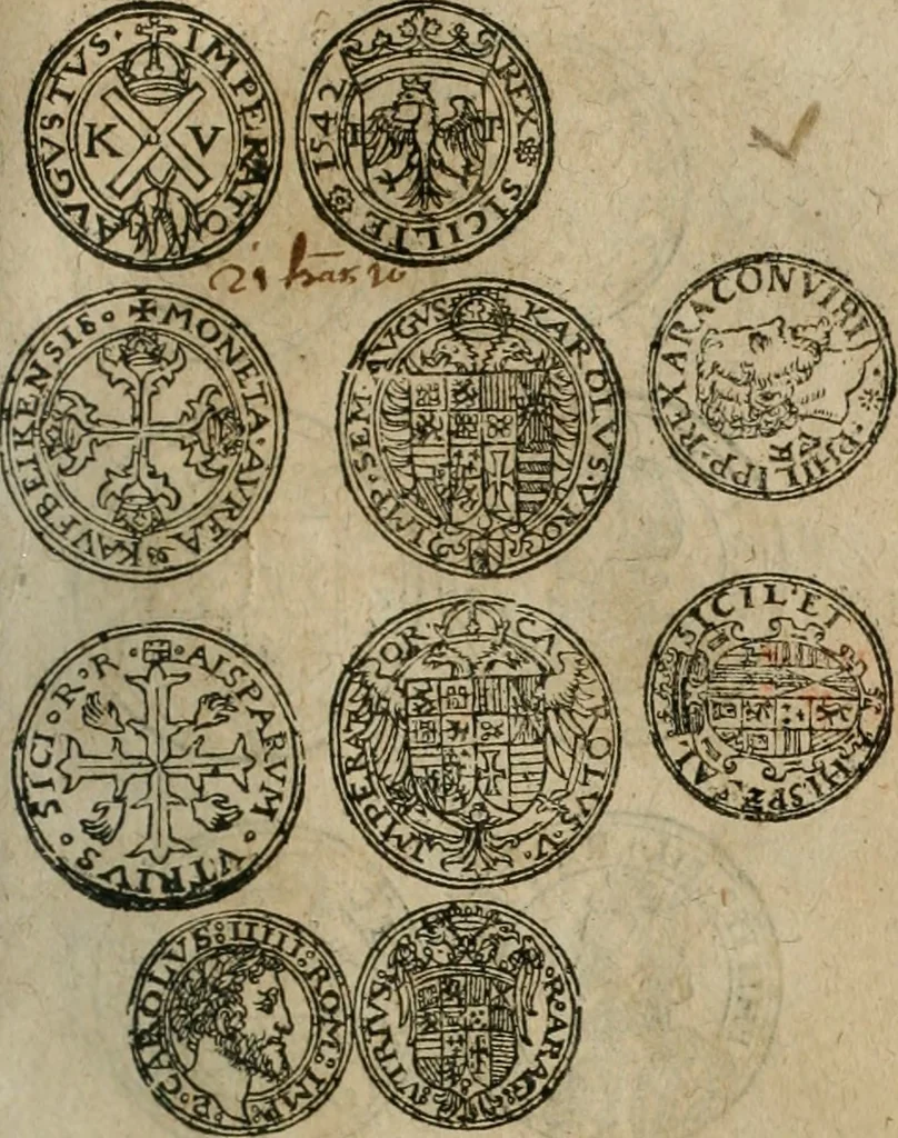 An illustration from Ordonnancie ende instructie naer de welcke voort-aen hen moeten reguleren die ghesworen wisselaers ofte collecteurs vande goude ende silvere penningen, wesende verboden, gheschroyt, te licht oft te seer versleten, ende oversulex verclaert ende ghehouden voor billoen, daer toe geoommitteert om de selve te leveren inde munten van Sijne Majesteyt, ende al daer bekeert te worden in penninghen van hunnen slaghe, 1633, leaf 90