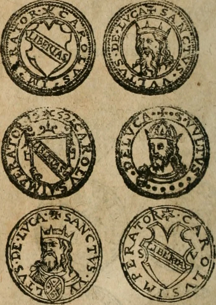 An illustration from Ordonnancie ende instructie naer de welcke voort-aen hen moeten reguleren die ghesworen wisselaers ofte collecteurs vande goude ende silvere penningen, wesende verboden, gheschroyt, te licht oft te seer versleten, ende oversulex verclaert ende ghehouden voor billoen, daer toe geoommitteert om de selve te leveren inde munten van Sijne Majesteyt, ende al daer bekeert te worden in penninghen van hunnen slaghe, 1633, leaf 95