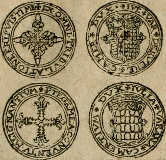 An illustration from Ordonnancie ende instructie naer de welcke voort-aen hen moeten reguleren die ghesworen wisselaers ofte collecteurs vande goude ende silvere penningen, wesende verboden, gheschroyt, te licht oft te seer versleten, ende oversulex verclaert ende ghehouden voor billoen, daer toe geoommitteert om de selve te leveren inde munten van Sijne Majesteyt, ende al daer bekeert te worden in penninghen van hunnen slaghe, 1633, leaf 96