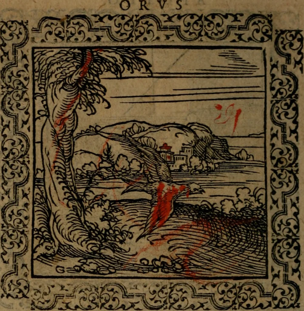 An illustration from Ori Apollinis Niliaci, De sacris Aegyptiorum notis, Aegyptiacè expressis : libri duo, iconibus illustrati, & aucti : nunc primùm in latinum ac gallicum sermonem conversi, 1574, leaf 129