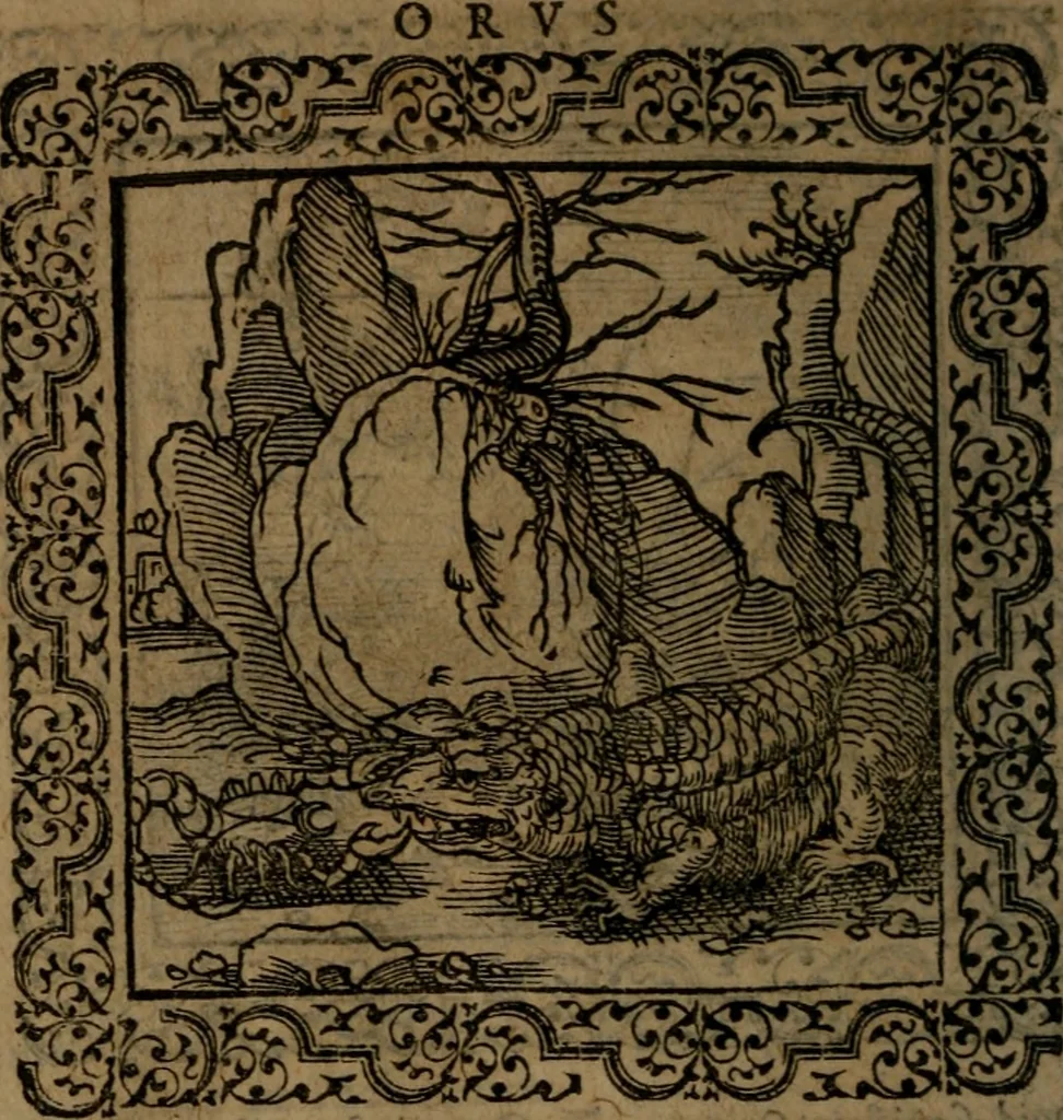 An illustration from Ori Apollinis Niliaci, De sacris Aegyptiorum notis, Aegyptiacè expressis : libri duo, iconibus illustrati, & aucti : nunc primùm in latinum ac gallicum sermonem conversi, 1574, leaf 133