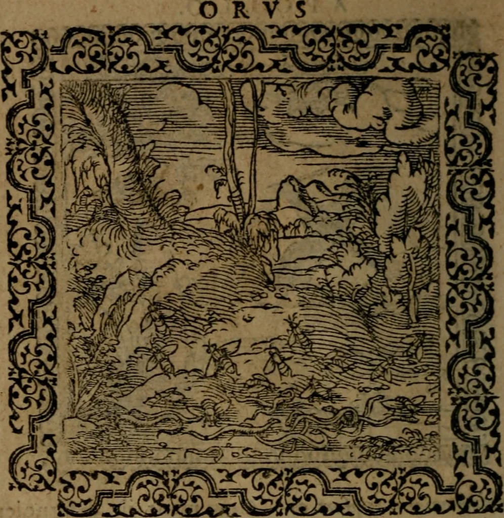 An illustration from Ori Apollinis Niliaci, De sacris Aegyptiorum notis, Aegyptiacè expressis : libri duo, iconibus illustrati, & aucti : nunc primùm in latinum ac gallicum sermonem conversi, 1574, leaf 145