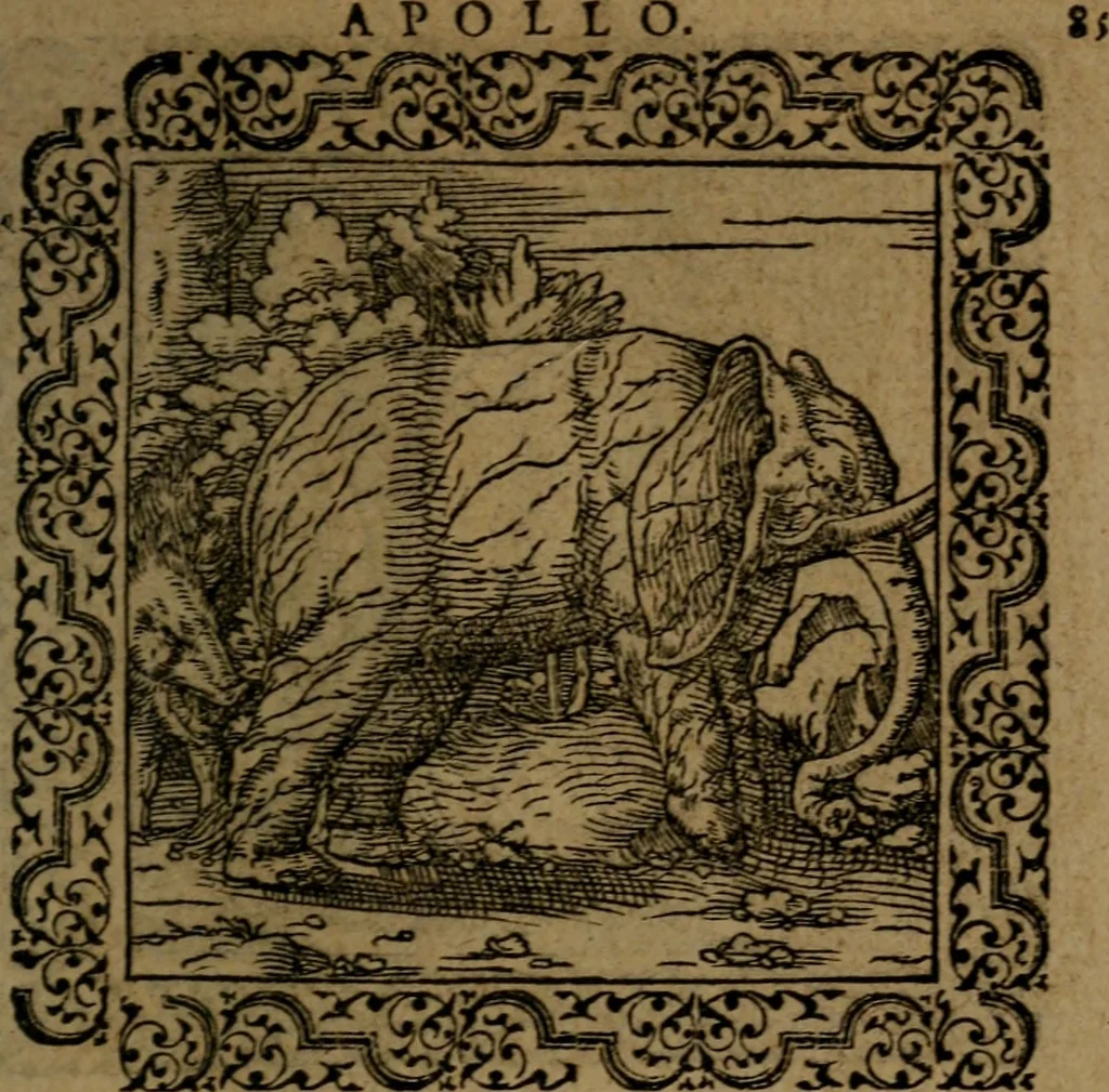 An illustration from Ori Apollinis Niliaci, De sacris Aegyptiorum notis, Aegyptiacè expressis : libri duo, iconibus illustrati, & aucti : nunc primùm in latinum ac gallicum sermonem conversi, 1574, leaf 182
