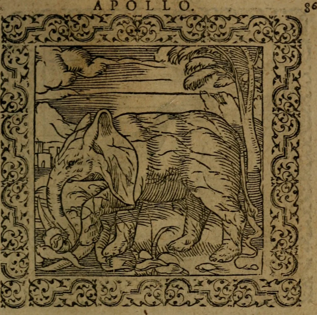 An illustration from Ori Apollinis Niliaci, De sacris Aegyptiorum notis, Aegyptiacè expressis : libri duo, iconibus illustrati, & aucti : nunc primùm in latinum ac gallicum sermonem conversi, 1574, leaf 184
