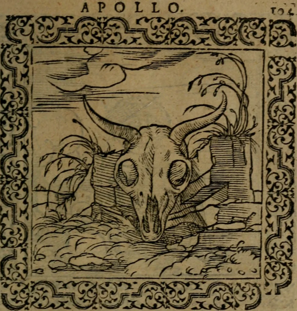 An illustration from Ori Apollinis Niliaci, De sacris Aegyptiorum notis, Aegyptiacè expressis : libri duo, iconibus illustrati, & aucti : nunc primùm in latinum ac gallicum sermonem conversi, 1574, leaf 220
