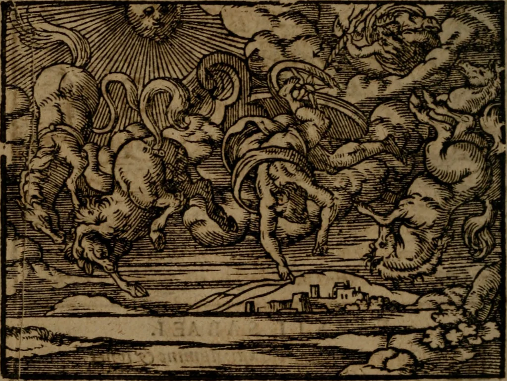 An illustration from Ori Apollinis Niliaci, De sacris Aegyptiorum notis, Aegyptiacè expressis : libri duo, iconibus illustrati, & aucti : nunc primùm in latinum ac gallicum sermonem conversi, 1574, leaf 265