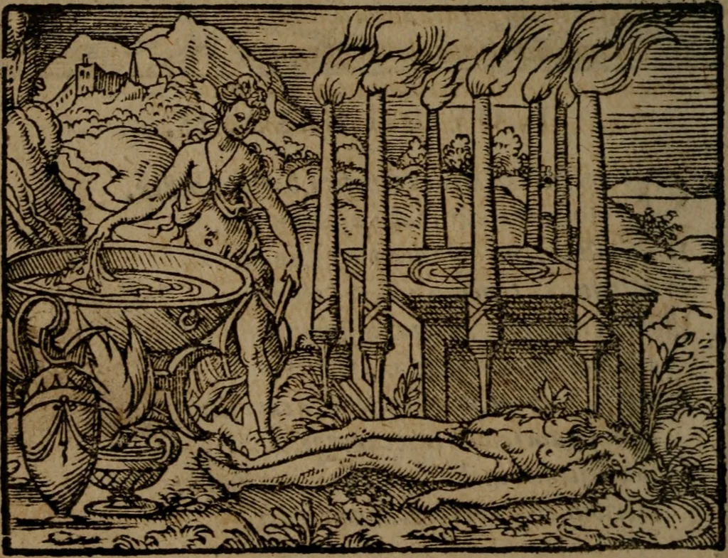 An illustration from Ori Apollinis Niliaci, De sacris Aegyptiorum notis, Aegyptiacè expressis : libri duo, iconibus illustrati, & aucti : nunc primùm in latinum ac gallicum sermonem conversi, 1574, leaf 351