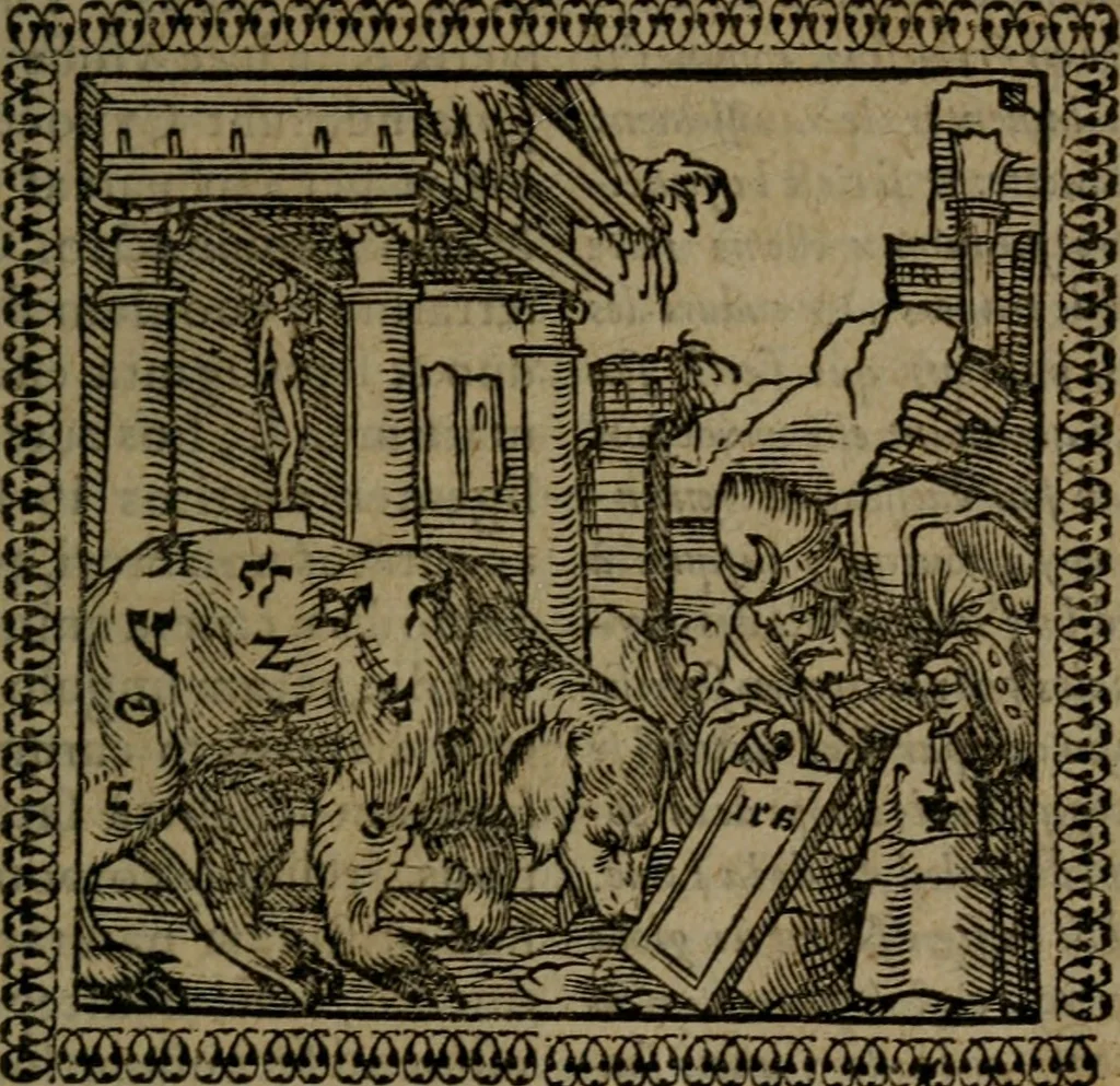 An illustration from Ori Apollinis Niliaci, De sacris Aegyptiorum notis, Aegyptiacè expressis : libri duo, iconibus illustrati, & aucti : nunc primùm in latinum ac gallicum sermonem conversi, 1574, leaf 40