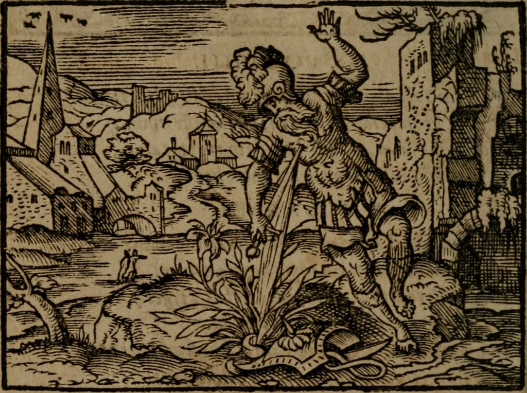 An illustration from Ori Apollinis Niliaci, De sacris Aegyptiorum notis, Aegyptiacè expressis : libri duo, iconibus illustrati, & aucti : nunc primùm in latinum ac gallicum sermonem conversi, 1574, leaf 475