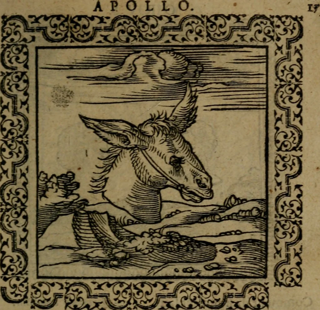 An illustration from Ori Apollinis Niliaci, De sacris Aegyptiorum notis, Aegyptiacè expressis : libri duo, iconibus illustrati, & aucti : nunc primùm in latinum ac gallicum sermonem conversi, 1574, leaf 50