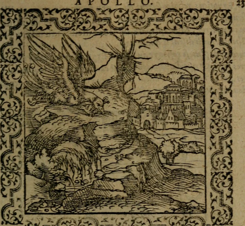 An illustration from Ori Apollinis Niliaci, De sacris Aegyptiorum notis, Aegyptiacè expressis : libri duo, iconibus illustrati, & aucti : nunc primùm in latinum ac gallicum sermonem conversi, 1574, leaf 62