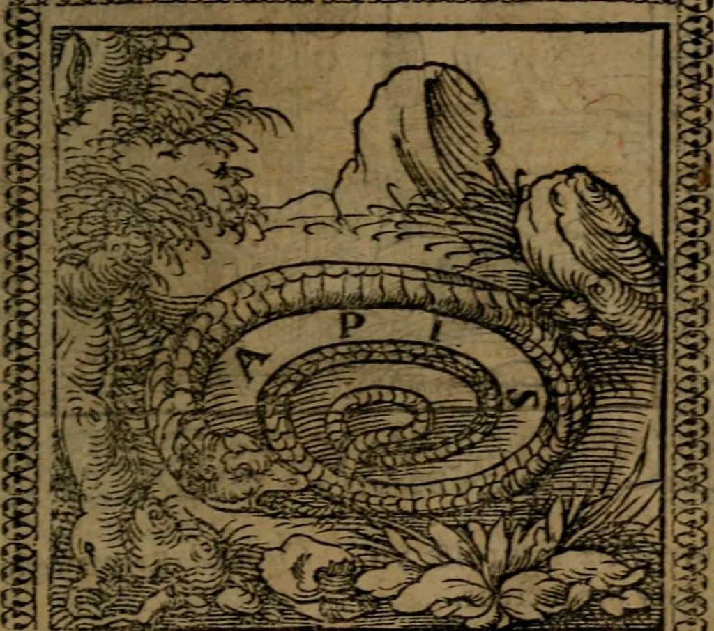 An illustration from Ori Apollinis Niliaci, De sacris Aegyptiorum notis, Aegyptiacè expressis : libri duo, iconibus illustrati, & aucti : nunc primùm in latinum ac gallicum sermonem conversi, 1574, leaf 90