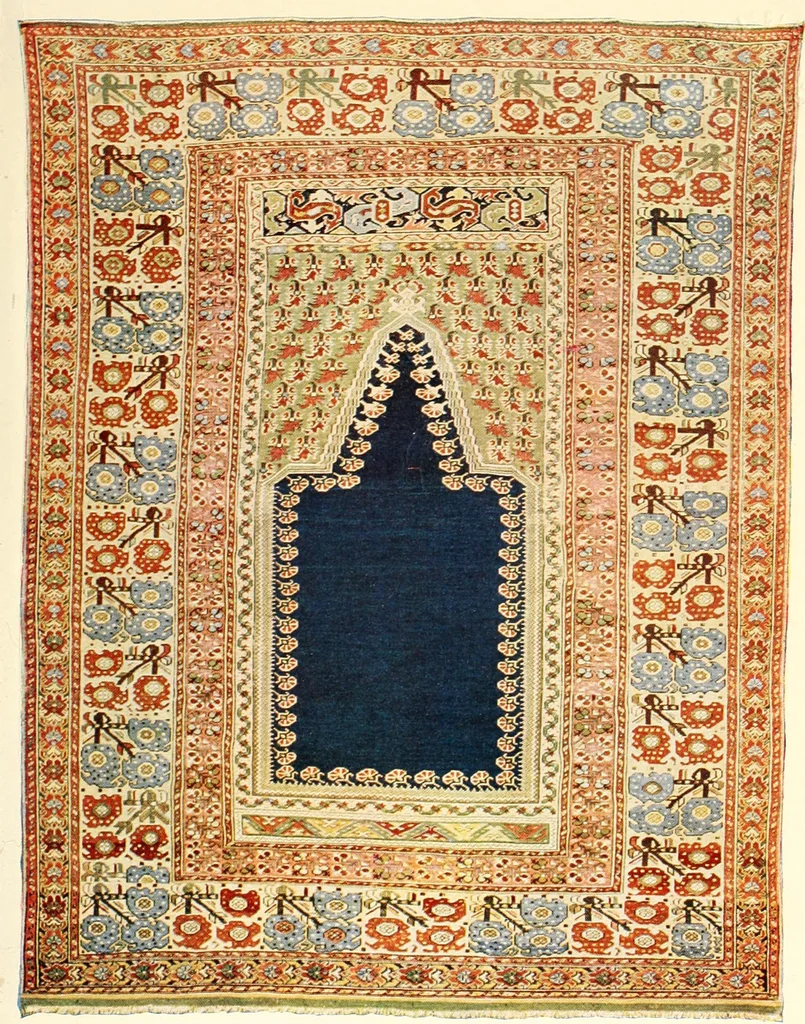 An illustration from The oriental rug; a monograph on eastern rugs and carpets, saddle-bags, mats & pillows, with a consideration of kinds and classes, types borders, figures, dyes, symbols, etc., together with some practical advice to collectors, 1909, leaf 108