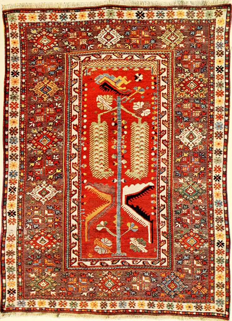 An illustration from The oriental rug; a monograph on eastern rugs and carpets, saddle-bags, mats & pillows, with a consideration of kinds and classes, types borders, figures, dyes, symbols, etc., together with some practical advice to collectors, 1909, leaf 120