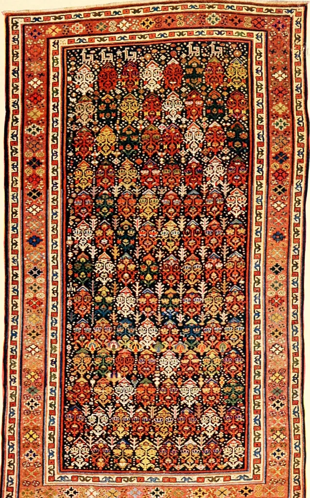 An illustration from The oriental rug; a monograph on eastern rugs and carpets, saddle-bags, mats & pillows, with a consideration of kinds and classes, types borders, figures, dyes, symbols, etc., together with some practical advice to collectors, 1909, leaf 130