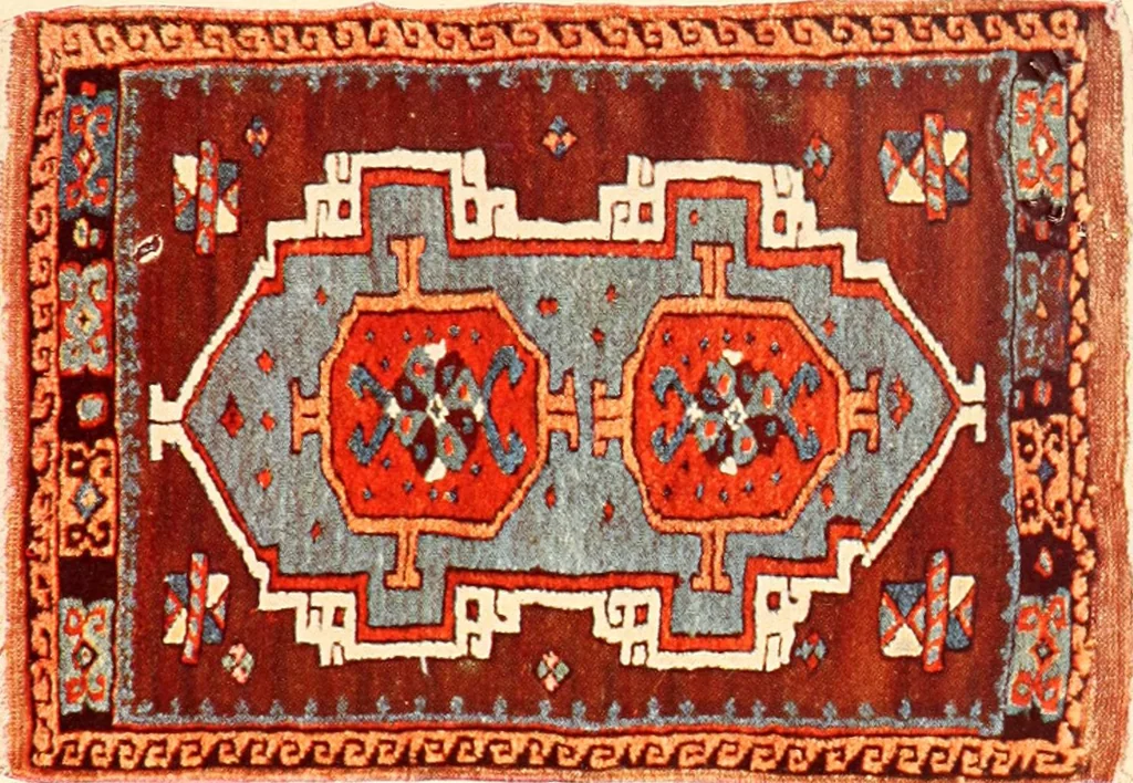 An illustration from The oriental rug; a monograph on eastern rugs and carpets, saddle-bags, mats & pillows, with a consideration of kinds and classes, types borders, figures, dyes, symbols, etc., together with some practical advice to collectors, 1909, leaf 148