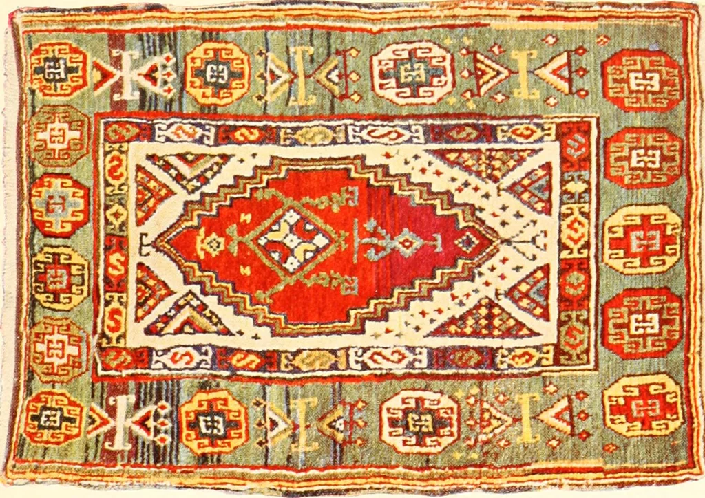 An illustration from The oriental rug; a monograph on eastern rugs and carpets, saddle-bags, mats & pillows, with a consideration of kinds and classes, types borders, figures, dyes, symbols, etc., together with some practical advice to collectors, 1909, leaf 148