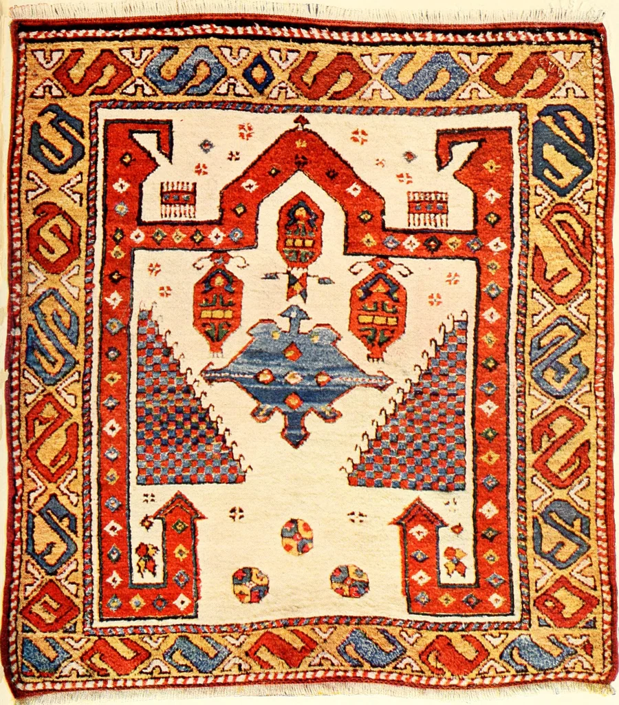 An illustration from The oriental rug; a monograph on eastern rugs and carpets, saddle-bags, mats & pillows, with a consideration of kinds and classes, types borders, figures, dyes, symbols, etc., together with some practical advice to collectors, 1909, leaf 182