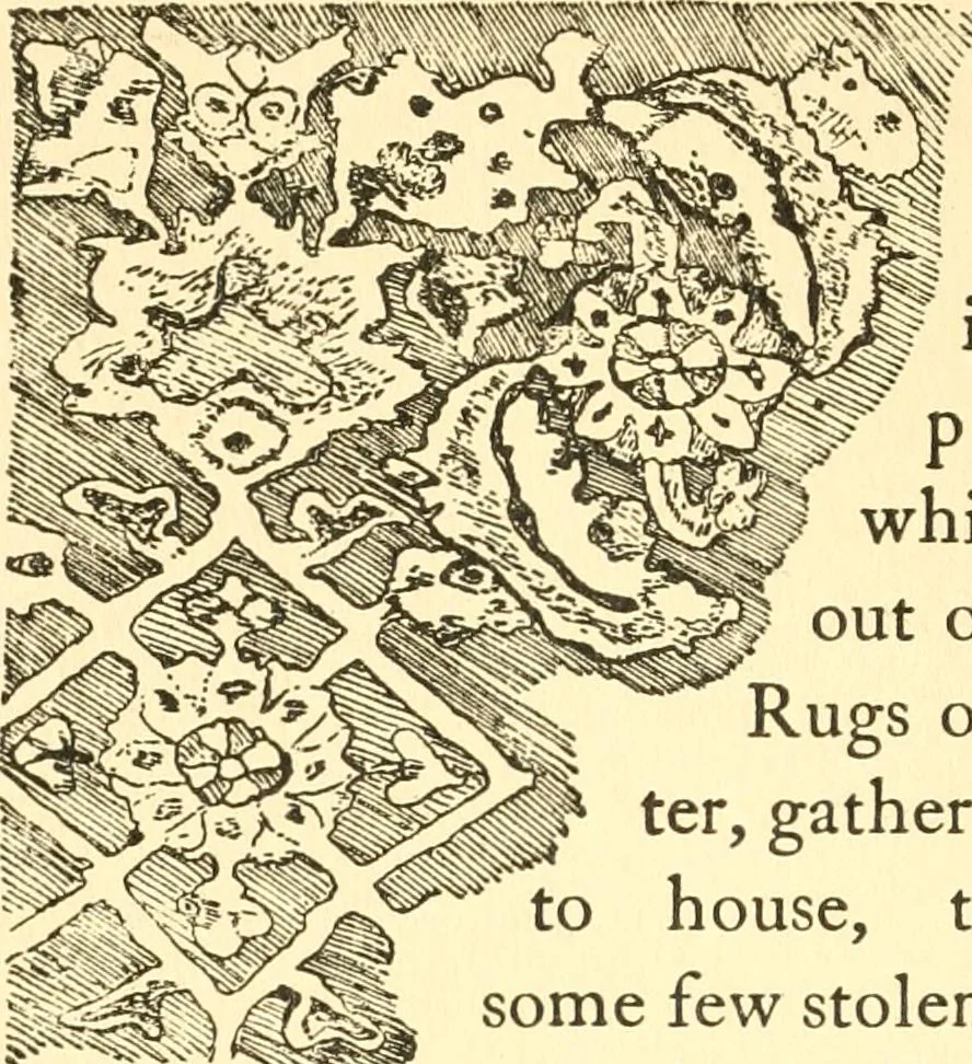 An illustration from The oriental rug; a monograph on eastern rugs and carpets, saddle-bags, mats & pillows, with a consideration of kinds and classes, types borders, figures, dyes, symbols, etc., together with some practical advice to collectors, 1909, leaf 43