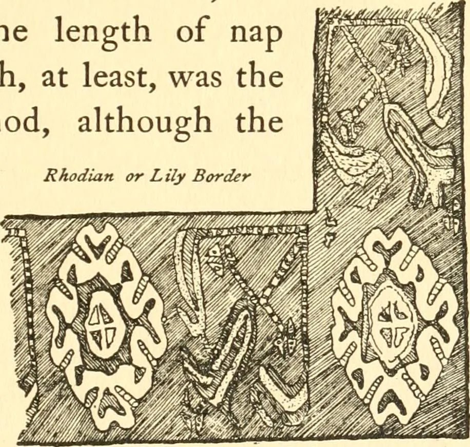 An illustration from The oriental rug; a monograph on eastern rugs and carpets, saddle-bags, mats & pillows, with a consideration of kinds and classes, types borders, figures, dyes, symbols, etc., together with some practical advice to collectors, 1909, leaf 44