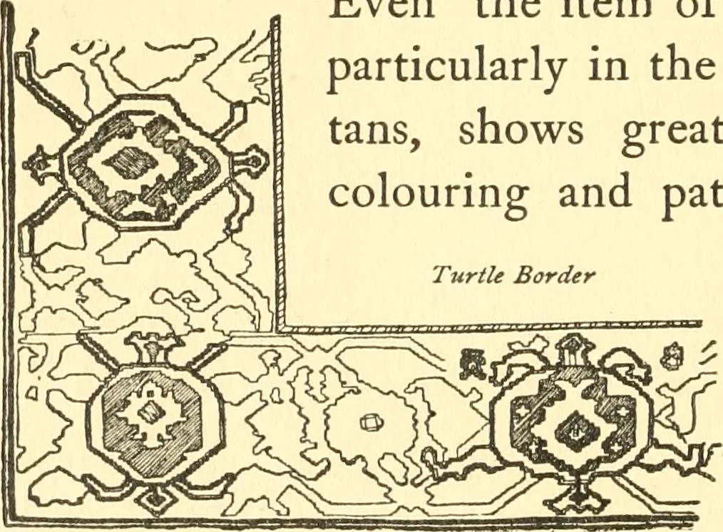 An illustration from The oriental rug; a monograph on eastern rugs and carpets, saddle-bags, mats & pillows, with a consideration of kinds and classes, types borders, figures, dyes, symbols, etc., together with some practical advice to collectors, 1909, leaf 47