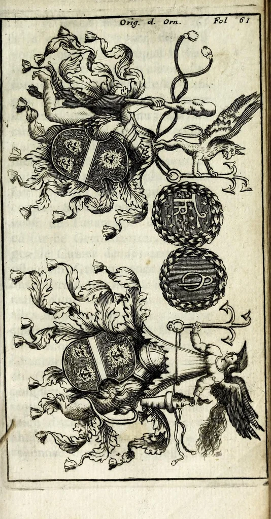 An illustration from Origine des ornemens des armoiries, 1680, leaf 83