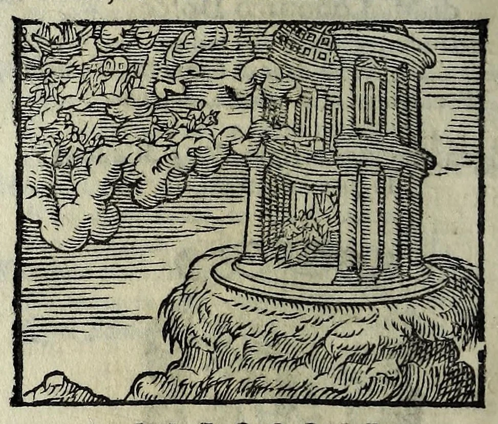 An illustration from Orlando fvrioso di M. Lodovico Ariosto : con gli argomenti in ottaua rima di M. Lodouico Dolce ; et con l'allegorie à ciascun canto di Thomaso Porcacchi da Castiglione Aretino, diligentemente corretto, & di nuoue figure adornato, 1600, leaf 1042