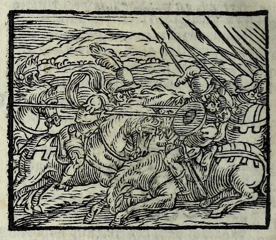 An illustration from Orlando fvrioso di M. Lodovico Ariosto : con gli argomenti in ottaua rima di M. Lodouico Dolce ; et con l'allegorie à ciascun canto di Thomaso Porcacchi da Castiglione Aretino, diligentemente corretto, & di nuoue figure adornato, 1600, leaf 1066