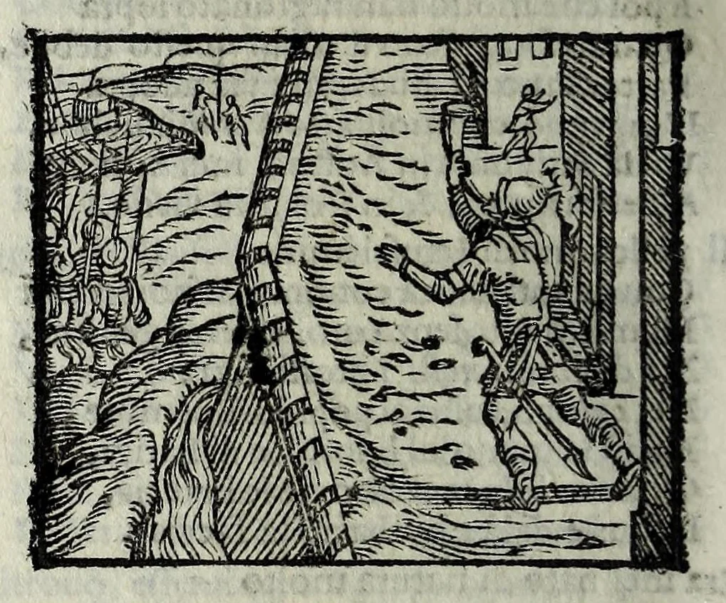 An illustration from Orlando fvrioso di M. Lodovico Ariosto : con gli argomenti in ottaua rima di M. Lodouico Dolce ; et con l'allegorie à ciascun canto di Thomaso Porcacchi da Castiglione Aretino, diligentemente corretto, & di nuoue figure adornato, 1600, leaf 1094