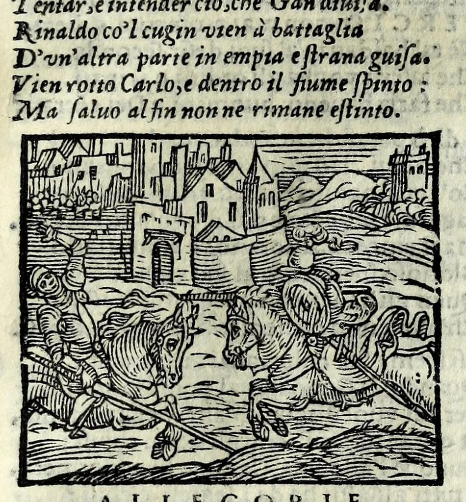 An illustration from Orlando fvrioso di M. Lodovico Ariosto : con gli argomenti in ottaua rima di M. Lodouico Dolce ; et con l'allegorie à ciascun canto di Thomaso Porcacchi da Castiglione Aretino, diligentemente corretto, & di nuoue figure adornato, 1600, leaf 1139