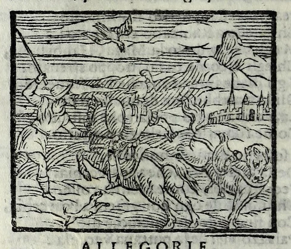 An illustration from Orlando fvrioso di M. Lodovico Ariosto : con gli argomenti in ottaua rima di M. Lodouico Dolce ; et con l'allegorie à ciascun canto di Thomaso Porcacchi da Castiglione Aretino, diligentemente corretto, & di nuoue figure adornato, 1600, leaf 124