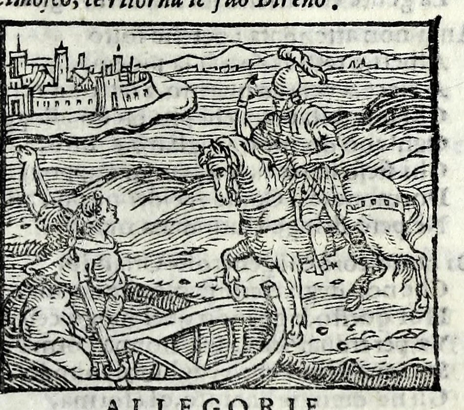 An illustration from Orlando fvrioso di M. Lodovico Ariosto : con gli argomenti in ottaua rima di M. Lodouico Dolce ; et con l'allegorie à ciascun canto di Thomaso Porcacchi da Castiglione Aretino, diligentemente corretto, & di nuoue figure adornato, 1600, leaf 143
