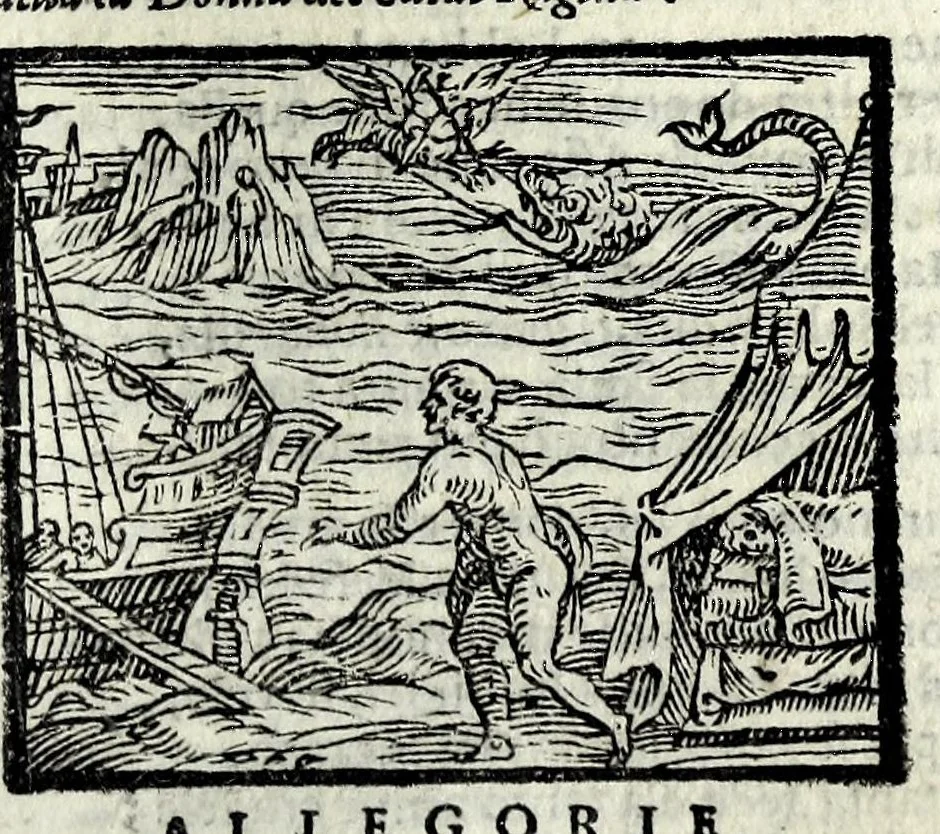 An illustration from Orlando fvrioso di M. Lodovico Ariosto : con gli argomenti in ottaua rima di M. Lodouico Dolce ; et con l'allegorie à ciascun canto di Thomaso Porcacchi da Castiglione Aretino, diligentemente corretto, & di nuoue figure adornato, 1600, leaf 163