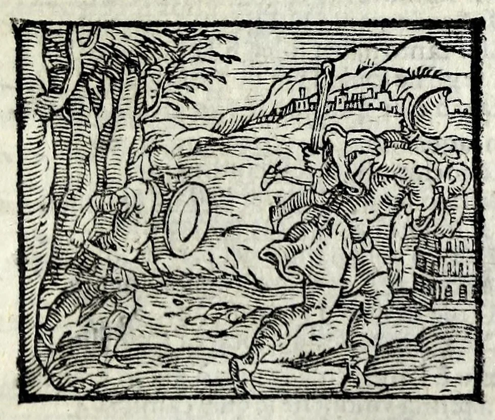 An illustration from Orlando fvrioso di M. Lodovico Ariosto : con gli argomenti in ottaua rima di M. Lodouico Dolce ; et con l'allegorie à ciascun canto di Thomaso Porcacchi da Castiglione Aretino, diligentemente corretto, & di nuoue figure adornato, 1600, leaf 187