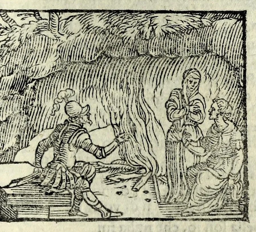 An illustration from Orlando fvrioso di M. Lodovico Ariosto : con gli argomenti in ottaua rima di M. Lodouico Dolce ; et con l'allegorie à ciascun canto di Thomaso Porcacchi da Castiglione Aretino, diligentemente corretto, & di nuoue figure adornato, 1600, leaf 225