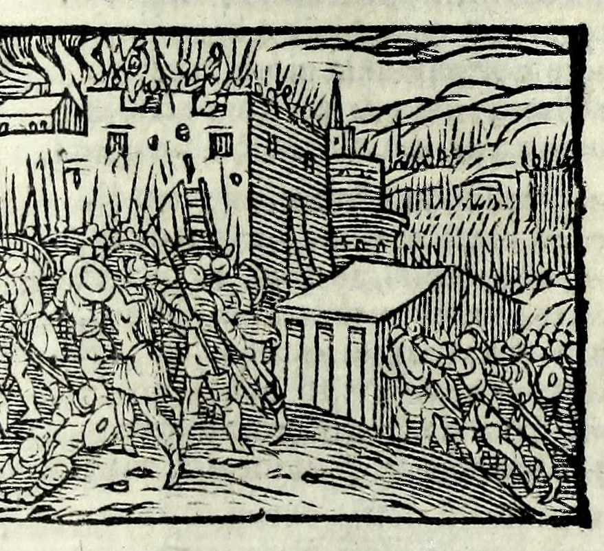 An illustration from Orlando fvrioso di M. Lodovico Ariosto : con gli argomenti in ottaua rima di M. Lodouico Dolce ; et con l'allegorie à ciascun canto di Thomaso Porcacchi da Castiglione Aretino, diligentemente corretto, & di nuoue figure adornato, 1600, leaf 243
