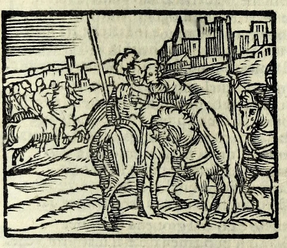An illustration from Orlando fvrioso di M. Lodovico Ariosto : con gli argomenti in ottaua rima di M. Lodouico Dolce ; et con l'allegorie à ciascun canto di Thomaso Porcacchi da Castiglione Aretino, diligentemente corretto, & di nuoue figure adornato, 1600, leaf 293