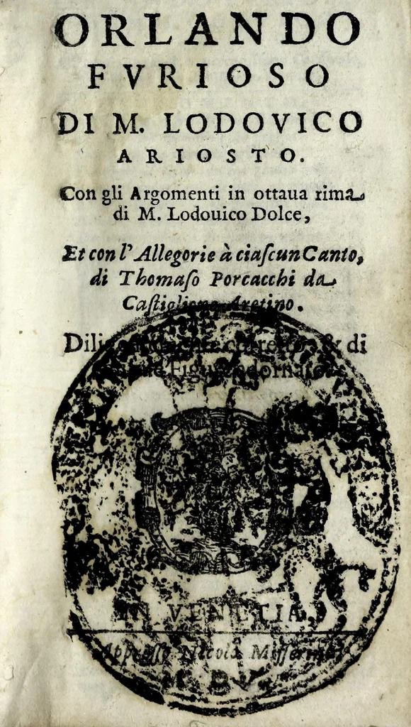 An illustration from Orlando fvrioso di M. Lodovico Ariosto : con gli argomenti in ottaua rima di M. Lodouico Dolce ; et con l'allegorie à ciascun canto di Thomaso Porcacchi da Castiglione Aretino, diligentemente corretto, & di nuoue figure adornato, 1600, leaf 3