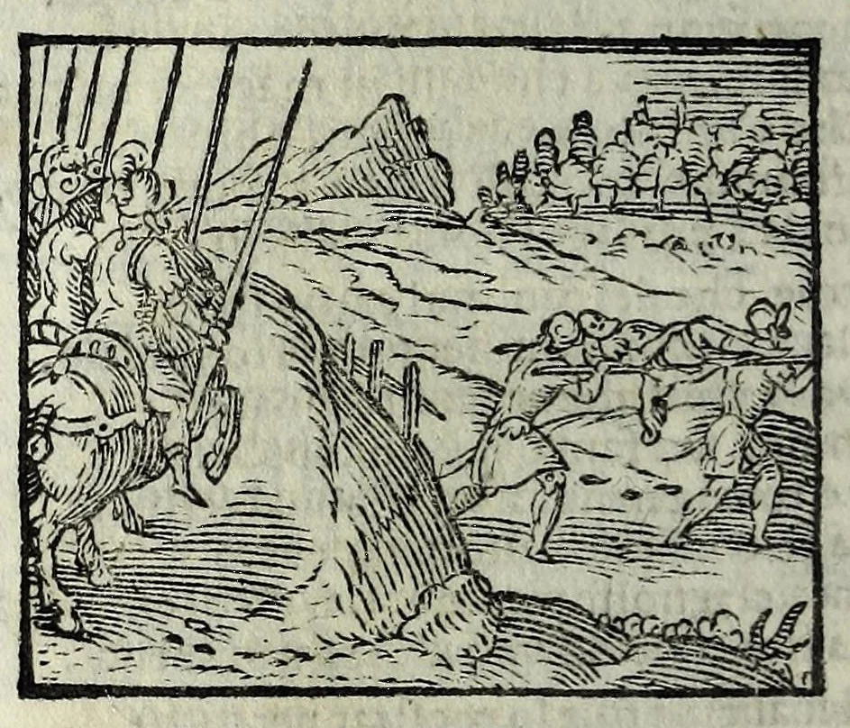 An illustration from Orlando fvrioso di M. Lodovico Ariosto : con gli argomenti in ottaua rima di M. Lodouico Dolce ; et con l'allegorie à ciascun canto di Thomaso Porcacchi da Castiglione Aretino, diligentemente corretto, & di nuoue figure adornato, 1600, leaf 344