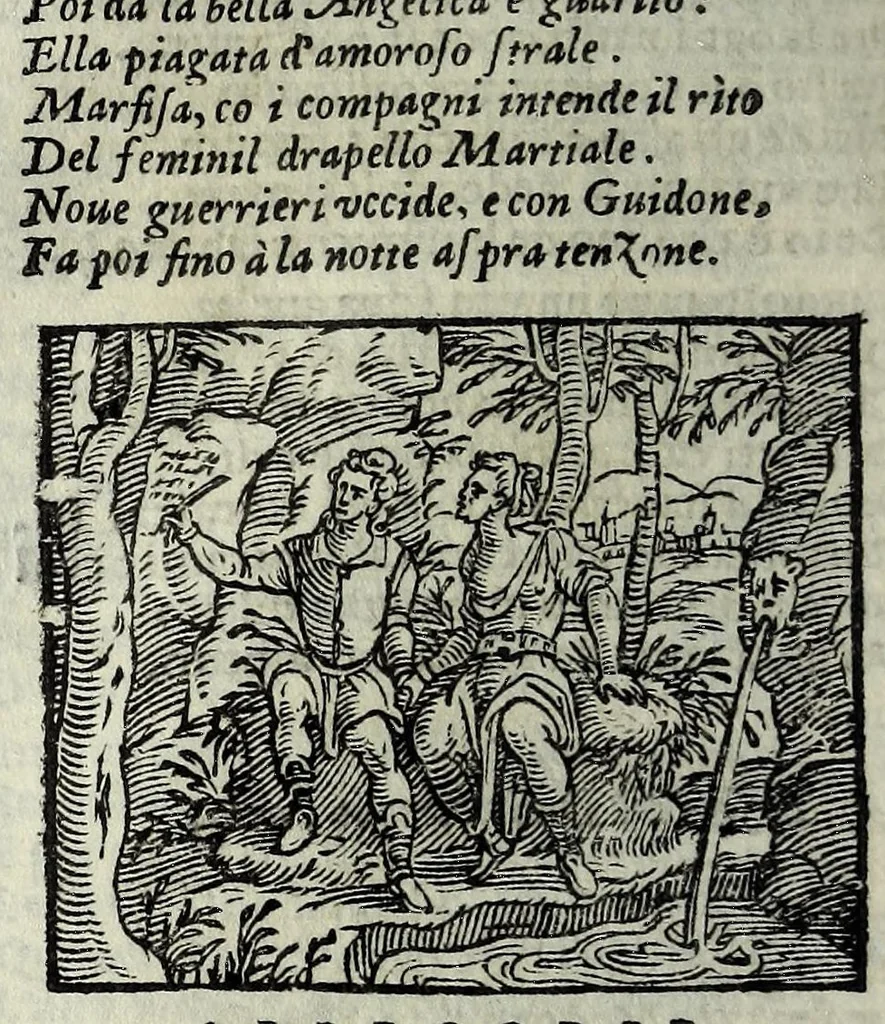 An illustration from Orlando fvrioso di M. Lodovico Ariosto : con gli argomenti in ottaua rima di M. Lodouico Dolce ; et con l'allegorie à ciascun canto di Thomaso Porcacchi da Castiglione Aretino, diligentemente corretto, & di nuoue figure adornato, 1600, leaf 384